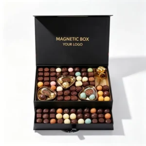 Custom Black Magnetic Chocolate Gift Box, Rigid Flip-Top Candy Packaging for Weddings and Holidays, Soy Ink