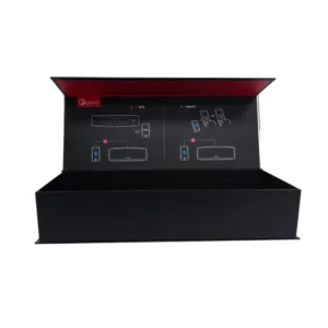Custom Black Magnetic Rigid Gift Box with UV Coating, Embossing, and Sponge Lining for Smart Watches and Wireless Speakers