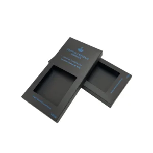 Custom Blue Foil Logo Matte Black Kraft Paper Chocolate Protein Bar Food Grade Recyclable Die Cut Rigid Window Packaging Boxes