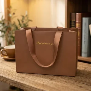 Custom Brown Paper Gift Bags with Logo Die Cut Handles Recyclable Packaging Offset Printing