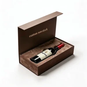 Custom Brown Rigid Paper Wine Box with Velvet Lining and Foam Insert for Single Red Wine Bottle