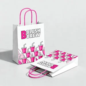 Custom Brown and White Kraft Paper Shopping Bags with Handles and Printed Logo