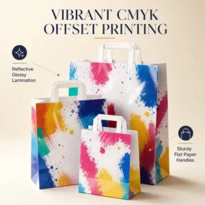 Custom CMYK Offset Printed White Card Paper Bags with Flat Paper Tape Handles Glossy Lamination for Retail Stores