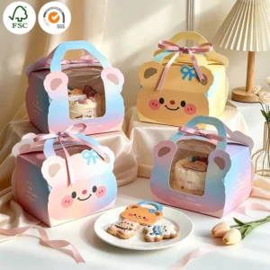 Custom Cartoon Bear Window Cake Gift Box Eco Friendly Recyclable Waterproof Portable Handle Paper for Kids Birthday Pastry