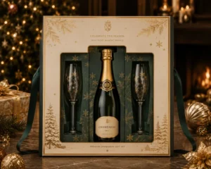 Custom Christmas Gift Box for Glasses with Magnetic Closure, Book-Style Rigid Paper, Glossy Lamination and Gold Foil