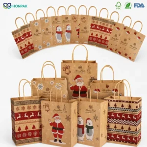 Custom Christmas Kraft Paper Gift Bag Holiday Printed Shopping Bag with Twisted Handle for Retail Gift Packaging