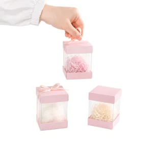 Custom Clear PET Gift Box with Pink Lid Recyclable Transparent Packaging for Flowers Candles Cosmetics Gifts