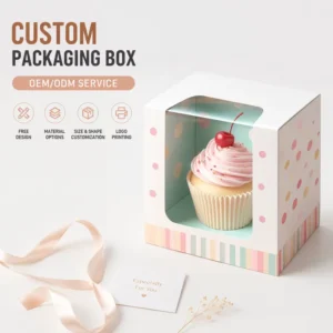 Custom Clear Window Single Cupcake Box with Paper Insert Cardboard Bakery Donut Cookie Dessert Wedding Party Favor Packaging