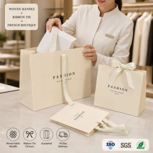 Custom Cream Paper Shopping Bag Woven Fabric Handle Ribbon Tie Closure Gusseted Gift Bag