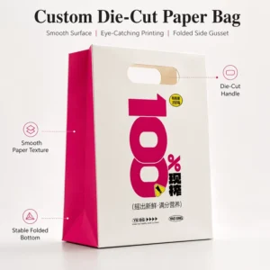 Custom Die-Cut Paper Bag with Smooth Finish, Integrated Handle, and Folded Gusset