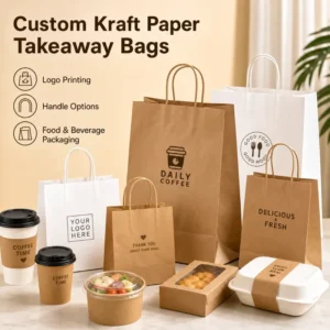 Custom Disposable Gusseted Side Kraft Paper Takeaway Bags with Twisted Handles for Food & Beverage Packaging and Logo Printing