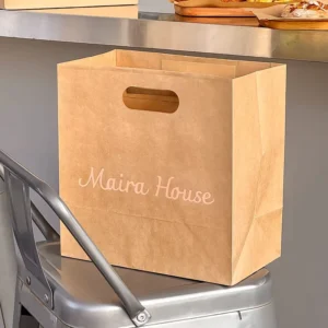 Custom Eco Friendly Biodegradable Brown Kraft Paper Restaurant Catering Food Takeaway Bags Die Cut Handles