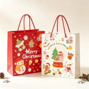 Custom Eco Friendly Biodegradable Durable Multi Size Christmas Gift Bags Santa Print Ribbon Reusable Supermarket