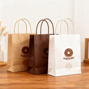 Custom Eco Friendly Brown Kraft Paper Restaurant Delivery Bags Cotton Rope Ribbon Handle Takeout Promotion Shopping Packaging