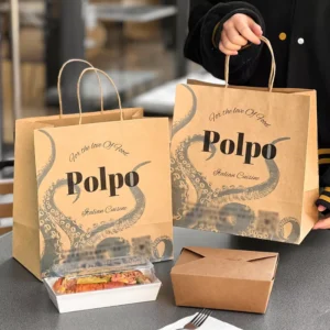 Custom Eco-Friendly Disposable Biodegradable Recyclable Kraft Paper Restaurant Fast Food Noodle Takeaway Shopping Bag Custom