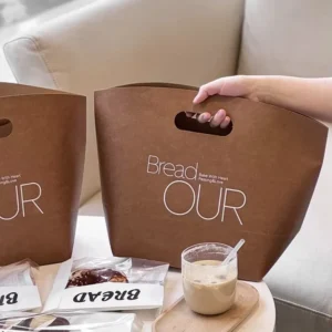 Custom Eco Friendly Kraft Paper Bakery Bag Die Cut Handle Digital Printing for Bread Sushi Salad Packaging Food Takeaway Gift