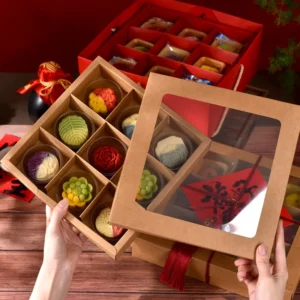 Custom Eco-Friendly Kraft Paper Mooncake Gift Box with Clear Window Lid for Mid-Autumn Festival