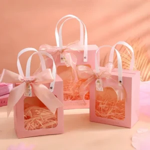 Custom Eco-Friendly Paperboard Gift Bags with Ribbon Handles and Window for Party Favors, Candles and Crafts