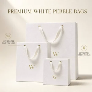 Custom Embossed Paper Shopping Bags with Cotton Ribbon Handles and Gold Foil Stamping