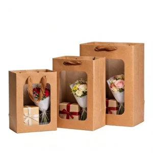 Custom Environment Friendly Kraft Paper Gift Bags Window Cardboard Shopping Bags for Clothes and Toys 20*16*30cm