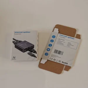 Custom F-Flute Grey Board Electronics Packaging Box, Gray Background, White Paper