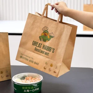 Custom Fast Food Kraft Paper Bag for Takeout, Bread Bag Packaging, Brown Kraft Paper Takeaway Bags with Flat Handles