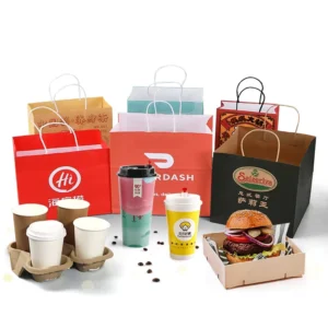 Custom Flexo Printed Brown Kraft Paper Bags for Food Takeaway with Recyclable Handles for Pizza Sushi Salad Milk & Jelly