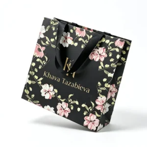 Custom Floral Gift Paper Bags Luxury Black Shopping Tote Bags Gold Foil Logo with Ribbon Handle for Apparel Cosmetic Wedding