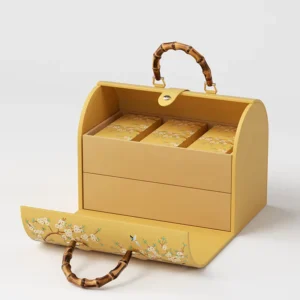 Custom Flower-Printed Paper Gift Box with Drawer and Bamboo Handle for Tea Mooncake Jewelry Packaging