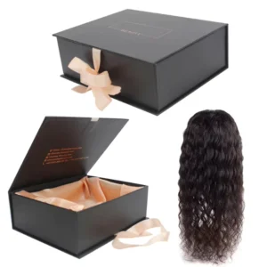 Custom Foldable Rigid Gift Box with Magnetic Closure, Satin Lining, Gold Foil Embossing, and Grey Board for Wigs and Hair Accessories