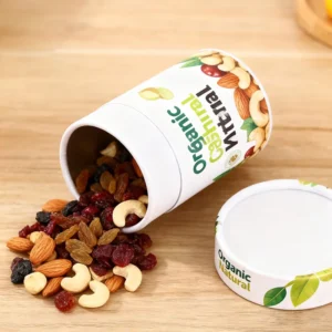 Custom Food-Grade Cylinder Paper Tube Box for Mixed Dried Fruits, Raisins, Cranberries, Almonds and Cashews