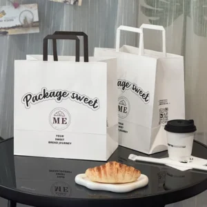 Custom Food Packaging Paper Bags with Handles for Fast Food, Bread, Cookies, Cake, and Dessert