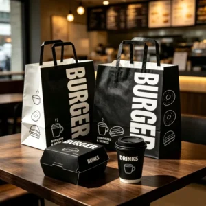 Custom Food and Drinks Takeaway Bags with Handle White Brown Kraft Paper Burger Bags