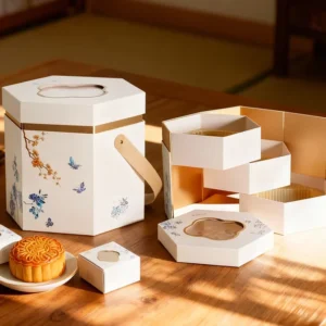 Custom Full Color Printing Creative Design Hexagon Pastry Mooncake Box Food Packaging With PU Handle Window Gift Paper Boxes