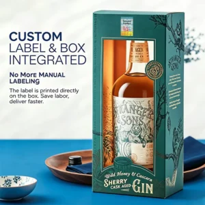 Custom Gin Paper Box with Matching Anti-Counterfeit Label Kit, Single-Bottle Spirits Packaging Set
