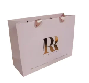 Custom Gold Foil White Paper Gift Bag, Ribbon Handle, Clothing Packaging