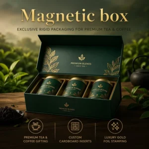 Custom Green Rigid Cardboard Tea and Coffee Gift Box with Gold Foil Stamping, Inserts, and Magnetic Closure