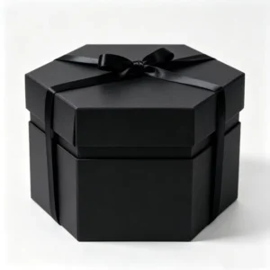 Custom Hexagonal Rigid Gift Box with Black Lid and Base, Satin Bow Ribbon, Jewelry Packaging