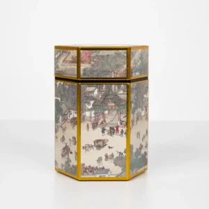 Custom Hexagonal Tea Gift Box Rigid Cardboard With Ancient Chinese Print Gold Trim For Tea And Gifts