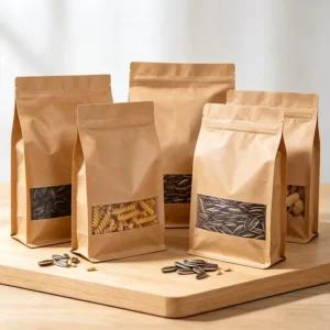 Custom Kraft Paper Bag Eight-Side Seal Zipper Top Gravure Printing Brown Matte Window Recycled Materials for Dried Fruit