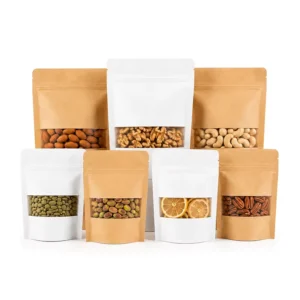 Custom Kraft Paper Stand up Pouch with Clear Window and Resealable Zipper for Nuts Tea Snacks Spices Dried Fruit Food Packaging