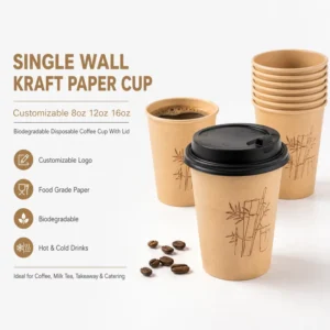 Custom Logo 8oz 12oz 16oz Biodegradable Disposable Single Wall Kraft Paper Coffee Cup With Lid For Takeaway