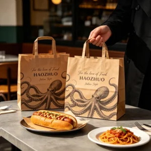 Custom Logo Biodegradable Brown Kraft Paper Takeaway Bags with Handles for Restaurant