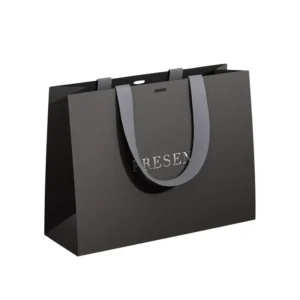 Custom Logo Black Paper Shopping Bags with Ribbon Handles for Boutique Packaging