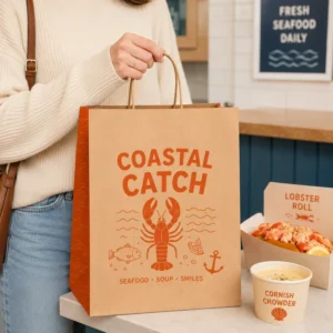 Custom Logo Brown Kraft Paper Bag Eco Friendly Takeaway Packaging To Go Gift Bags For Seafood Restaurant Fast Food Delivery