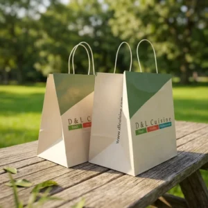 Custom Logo Brown Kraft Paper Takeaway Bags with Rope Handles, Wide Bottom, Embossed, 120gsm, Recyclable, OEM Factory