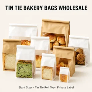 Custom Logo Brown and White Food-Grade Bakery Kraft Paper Bag with Window, Flat Bottom, for Toast Storage, In Stock, Factory Price