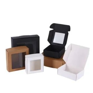 Custom Logo Cardboard Mailer Box with Clear PVC Window, Kraft Paper, Matte Black or White, Folding