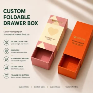 Custom Logo Cardboard Sliding Drawer Gift Box with Foldable Inner Tray for Cosmetic Packaging