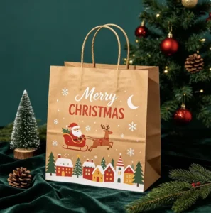 Custom Logo Christmas Kraft Paper Gift Bags with Twisted Handles Holiday Party Shopping Bags